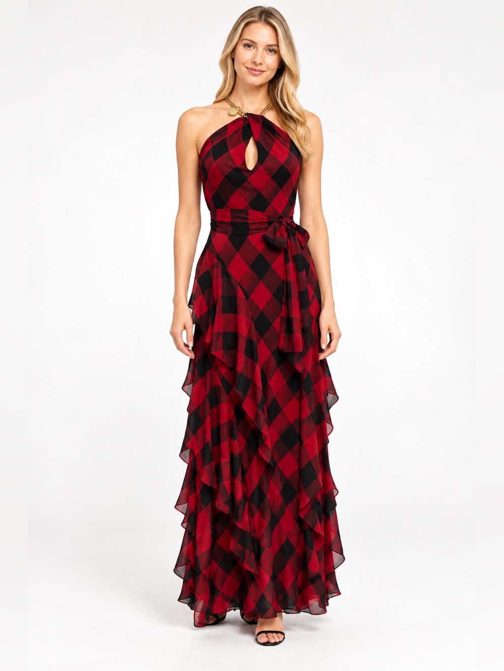 Lauren Ralph Lauren Buffalo Check Georgette Halter Gown Red Black Gold fit S 4 6